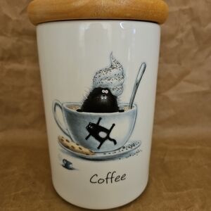 Portmeirion Ron Scotton "SPLAT" Coffee Canister & Wood Lid  7"H Cat In Cup China